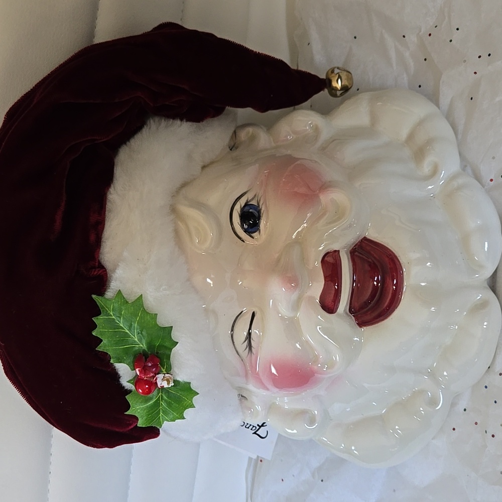 Fancy Faces Artist Signed Jolly Santa Ceramic Wall Decor - Red, White, and Green